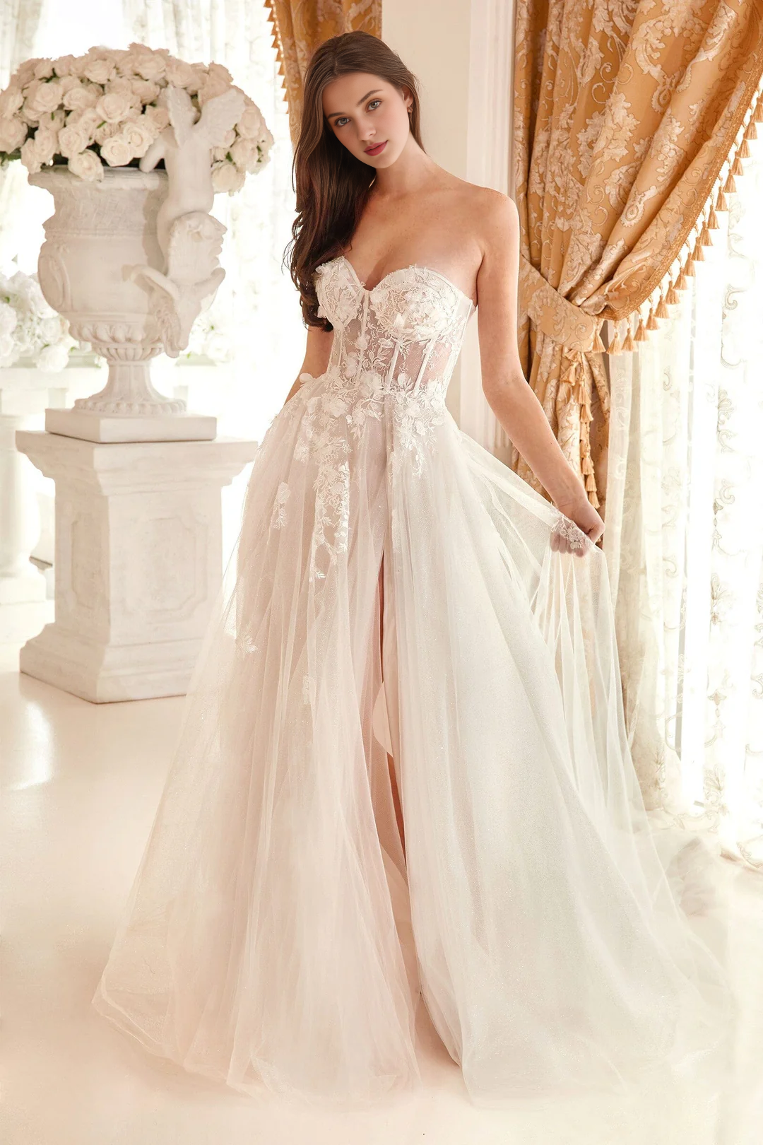 Abito da sposa lungo senza spalline grigio bianco con decalcomania floreale 3D